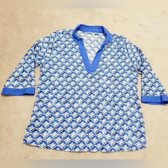Sigrid Olsen Womens XL 100% Linen Tunic Top Blue White Pattern V-Neck 3/4 Sleeve - Picture 5 of 12